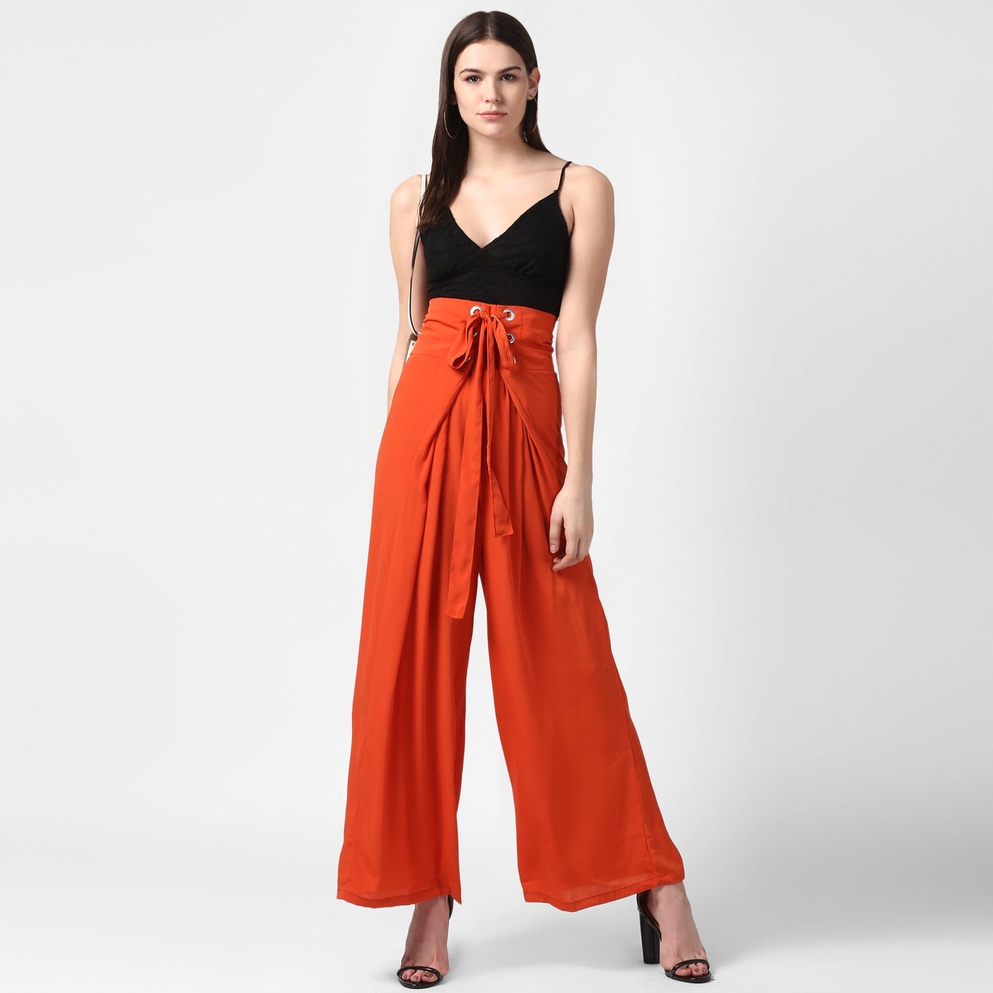 Women's Orange Polyester High Waisted Palazzo with front Rivets and Back Elastic