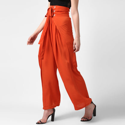 Women's Orange Polyester High Waisted Palazzo with front Rivets and Back Elastic
