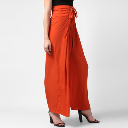 Women's Orange Polyester High Waisted Palazzo with front Rivets and Back Elastic