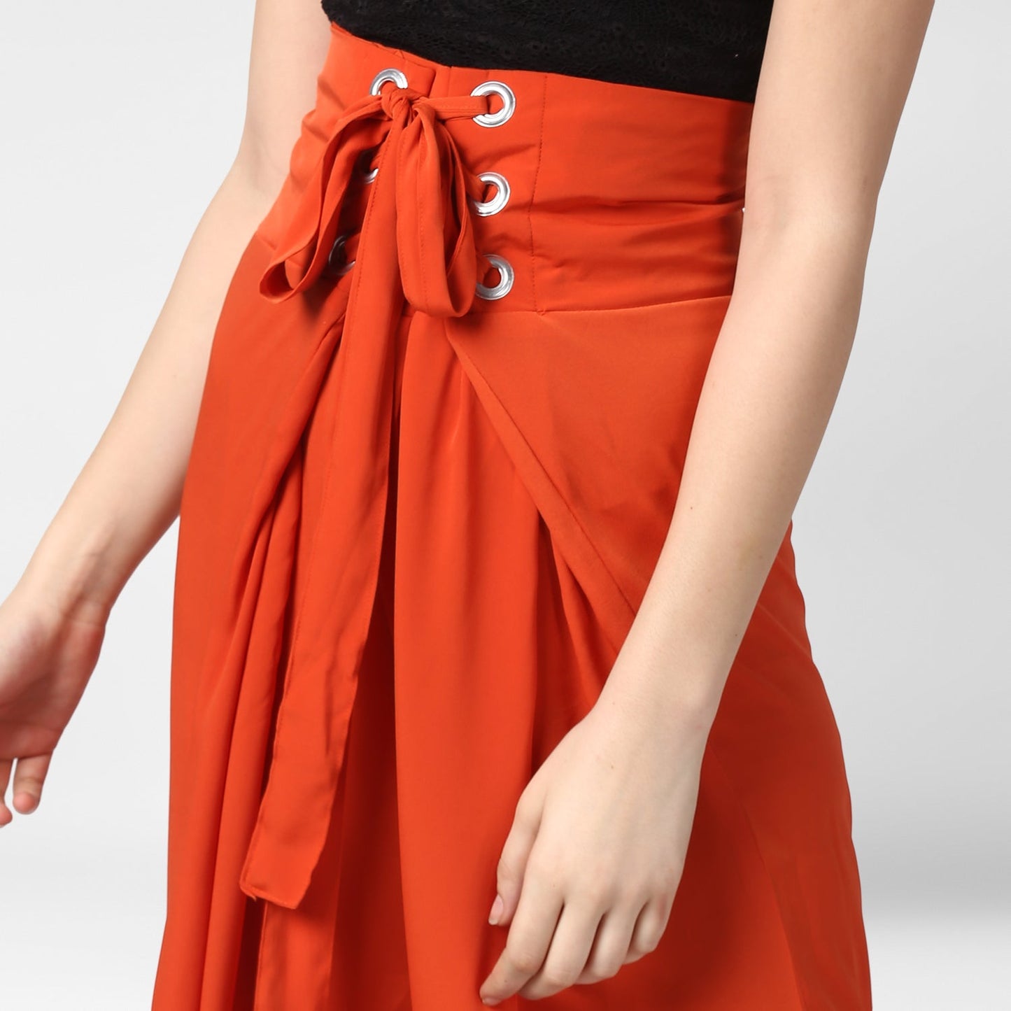 Women's Orange Polyester High Waisted Palazzo with front Rivets and Back Elastic