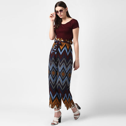 Women's MultiColour Chevron Print Paperbag Pants with elasticated waistband