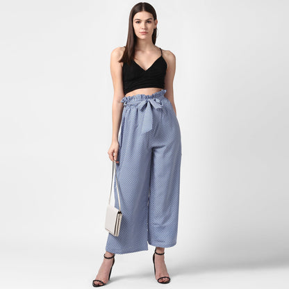 Women's Blue Stripe Paperbag Pants with elasticated waistband