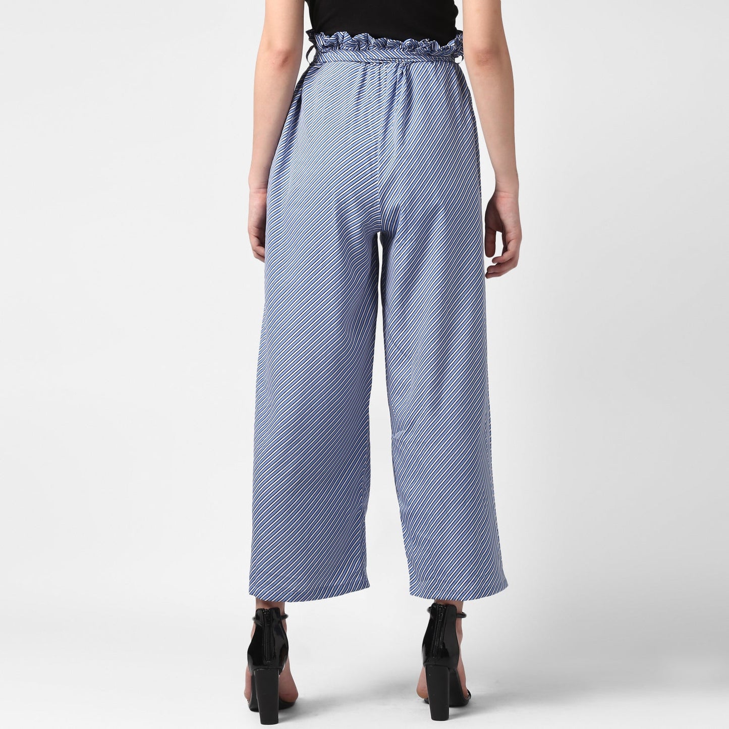 Women's Blue Stripe Paperbag Pants with elasticated waistband