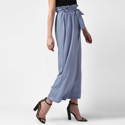 Women's Blue Stripe Paperbag Pants with elasticated waistband