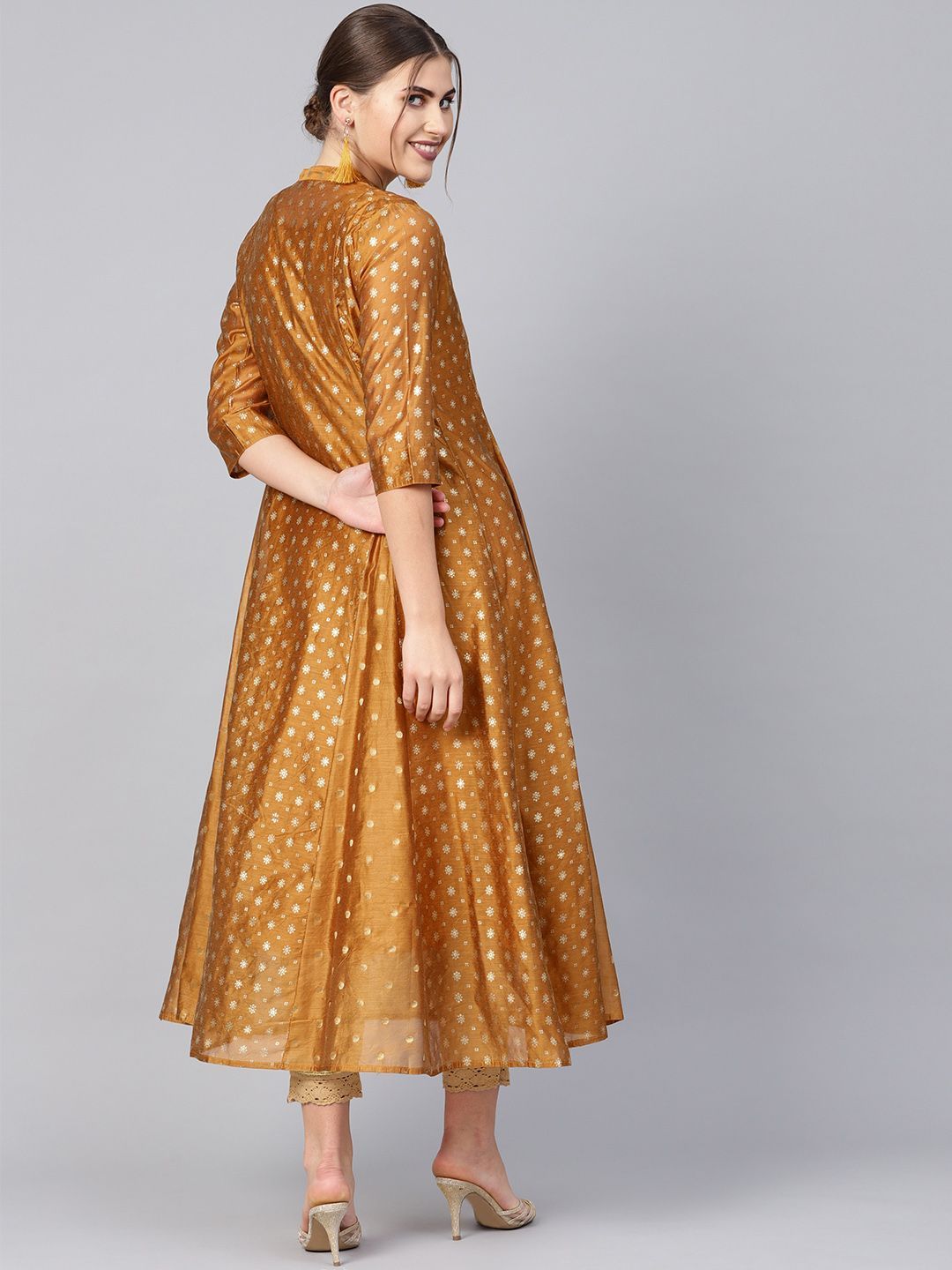 Women's Mustard Chanderi Printed Layered Kurta
