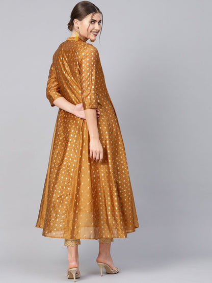 Women's Mustard Chanderi Printed Layered Kurta