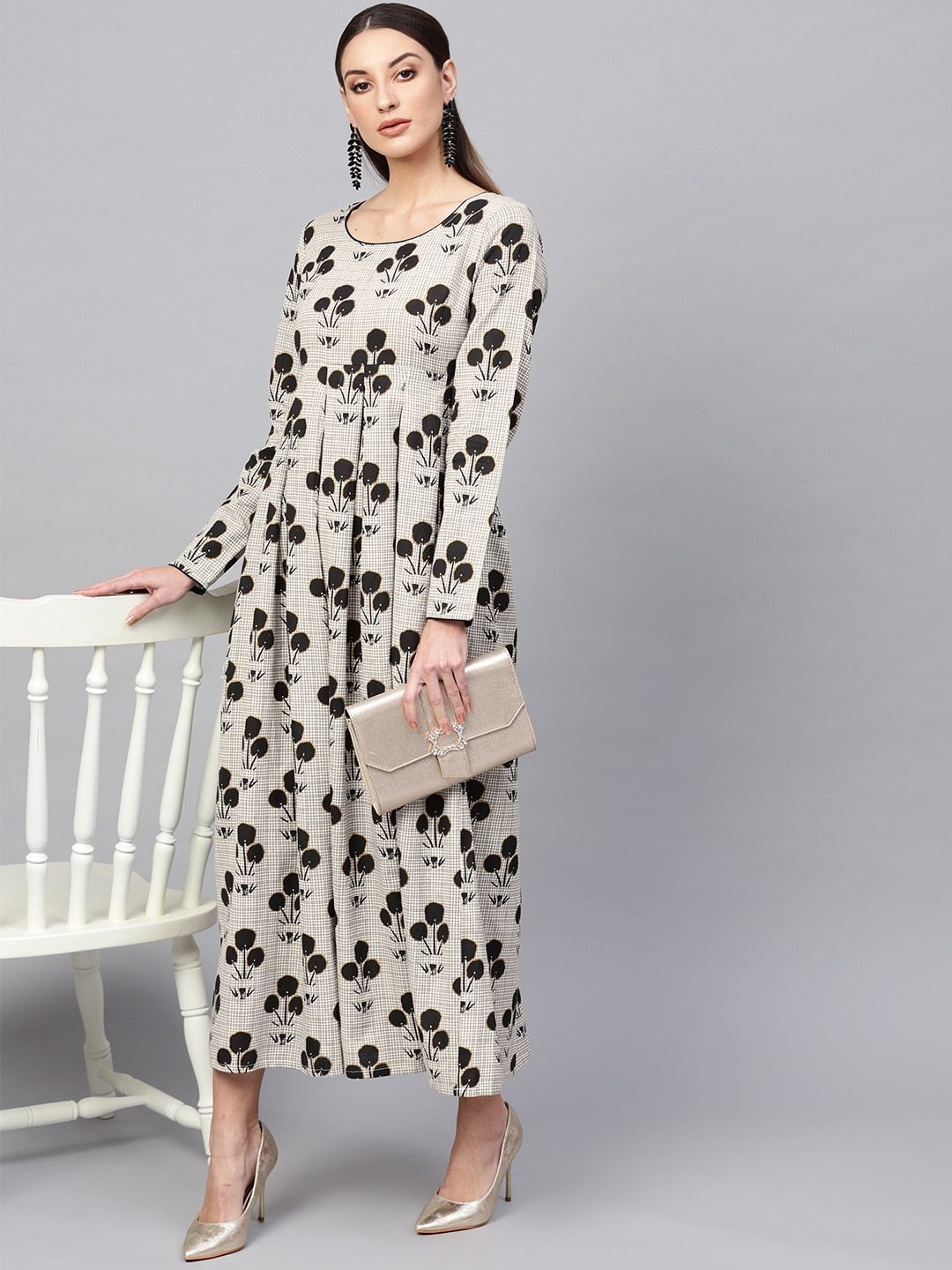 Women's  Off-White & Black Printed Maxi Dress
