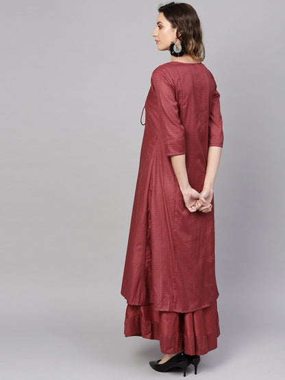 Women's  Maroon & Navy Checked Maxi Dress