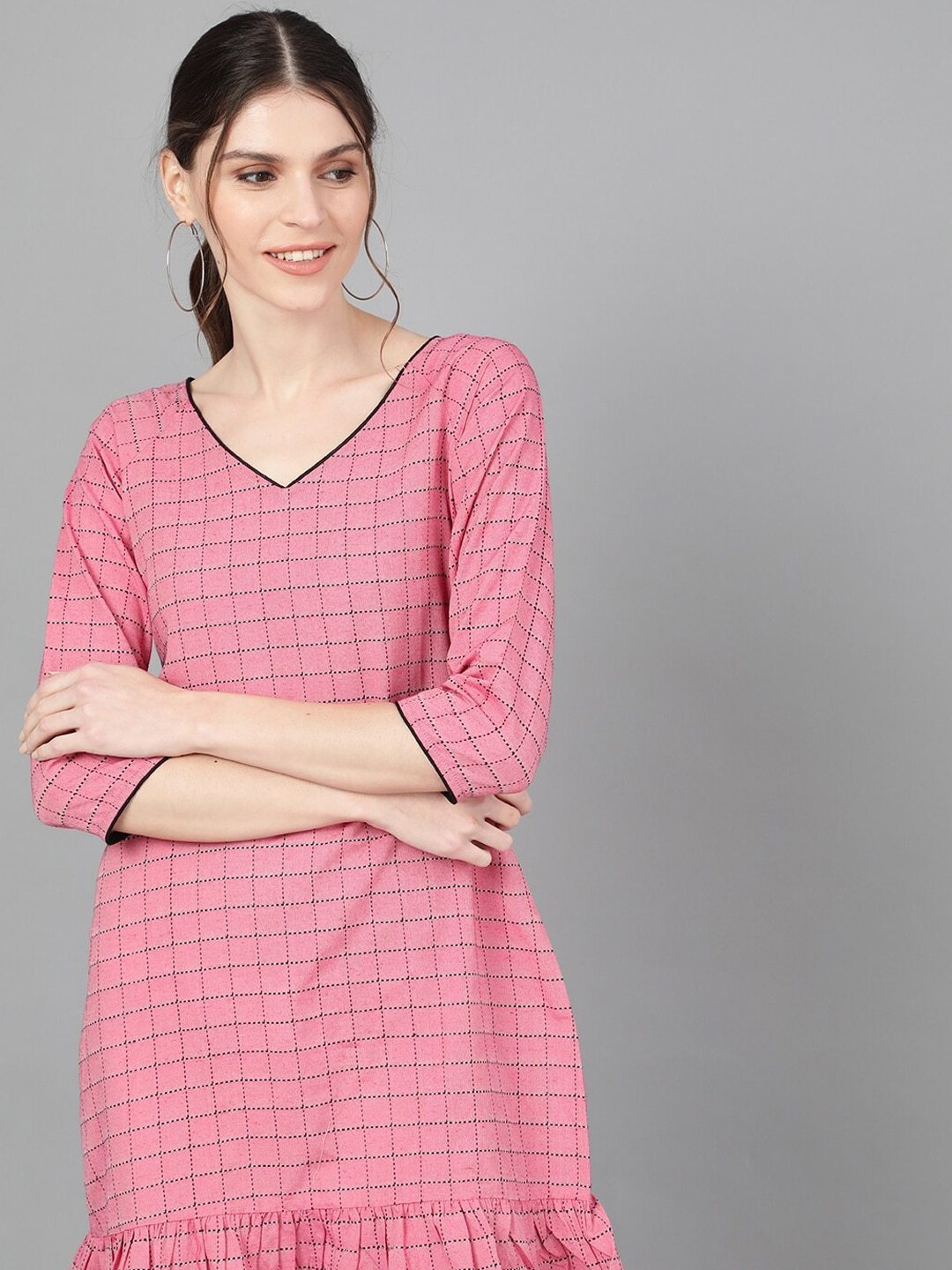 Women's  Pink & Black Checked Drop-Waist Dress