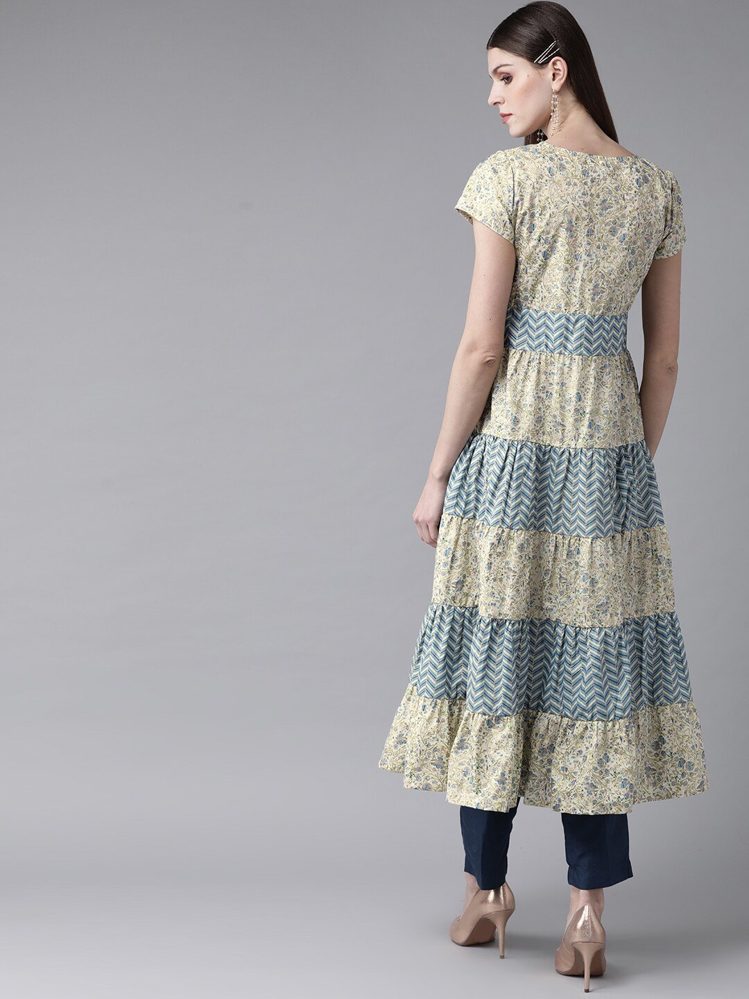 Women's  Cream-Coloured & Blue Kahri Print Tiered A-Line Kurta