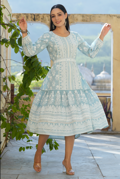 Women's Sky Blue  Printed Flared Dress