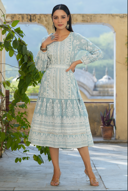 Women's Sky Blue  Printed Flared Dress