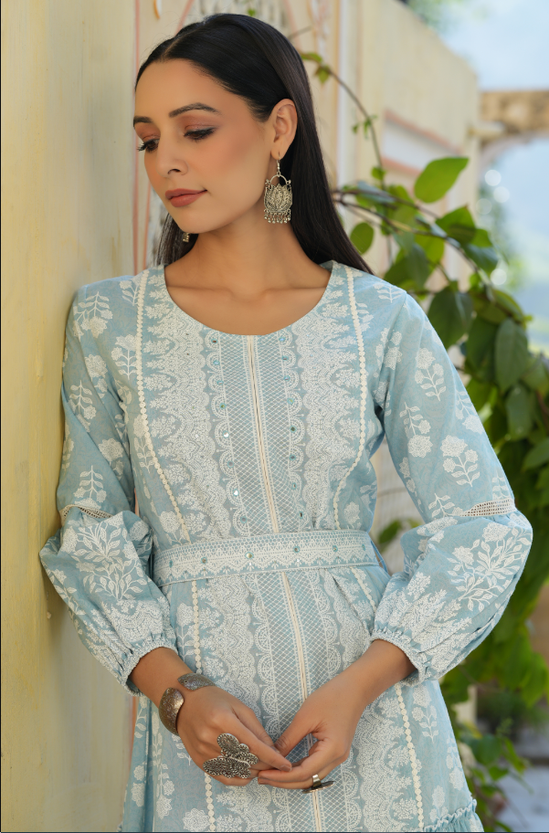 Women's Sky Blue  Printed Flared Dress