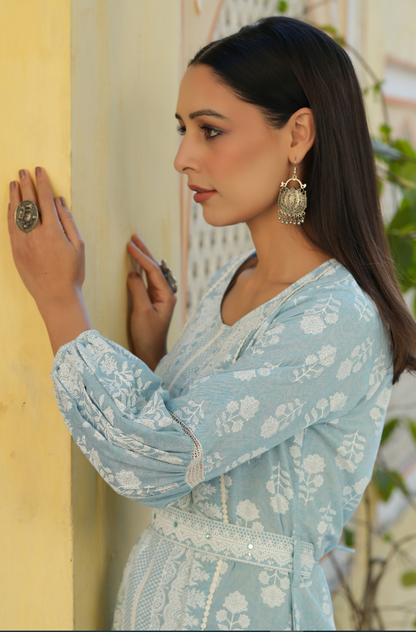 Women's Sky Blue  Printed Flared Dress