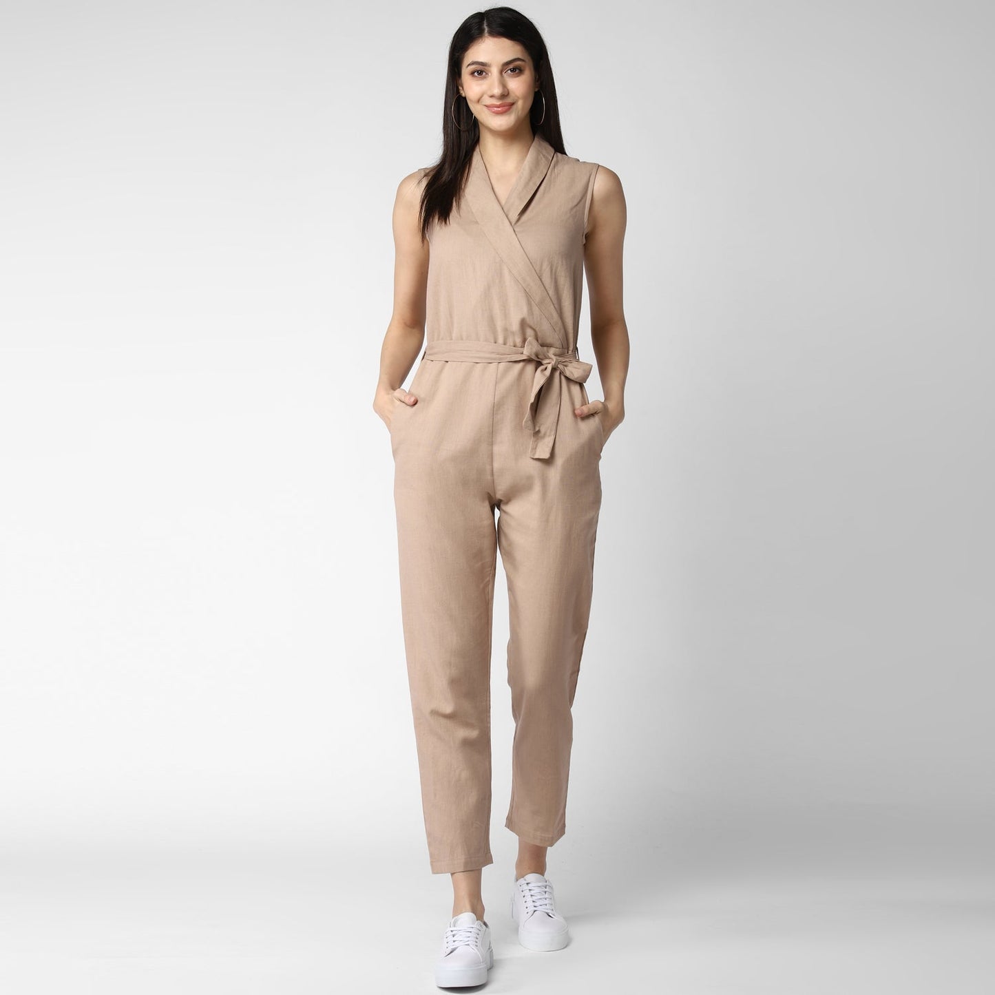 Women's Cotton Linen Beige Jumpsuit