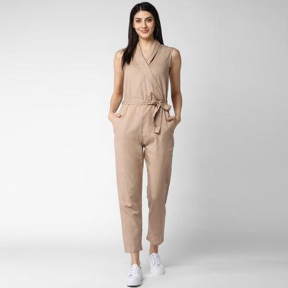 Women's Cotton Linen Beige Jumpsuit