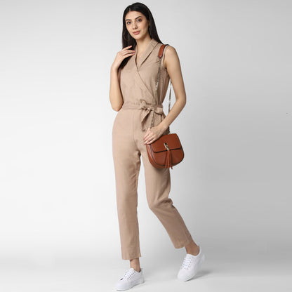 Women's Cotton Linen Beige Jumpsuit