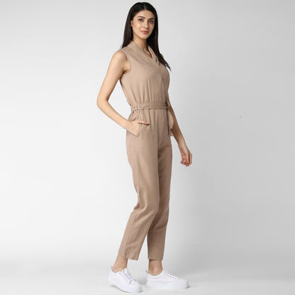 Women's Cotton Linen Beige Jumpsuit
