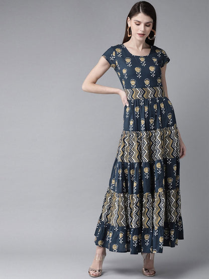 Women's  Navy Blue & Beige Printed Maxi Dress