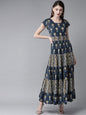 Women's  Navy Blue & Beige Printed Maxi Dress