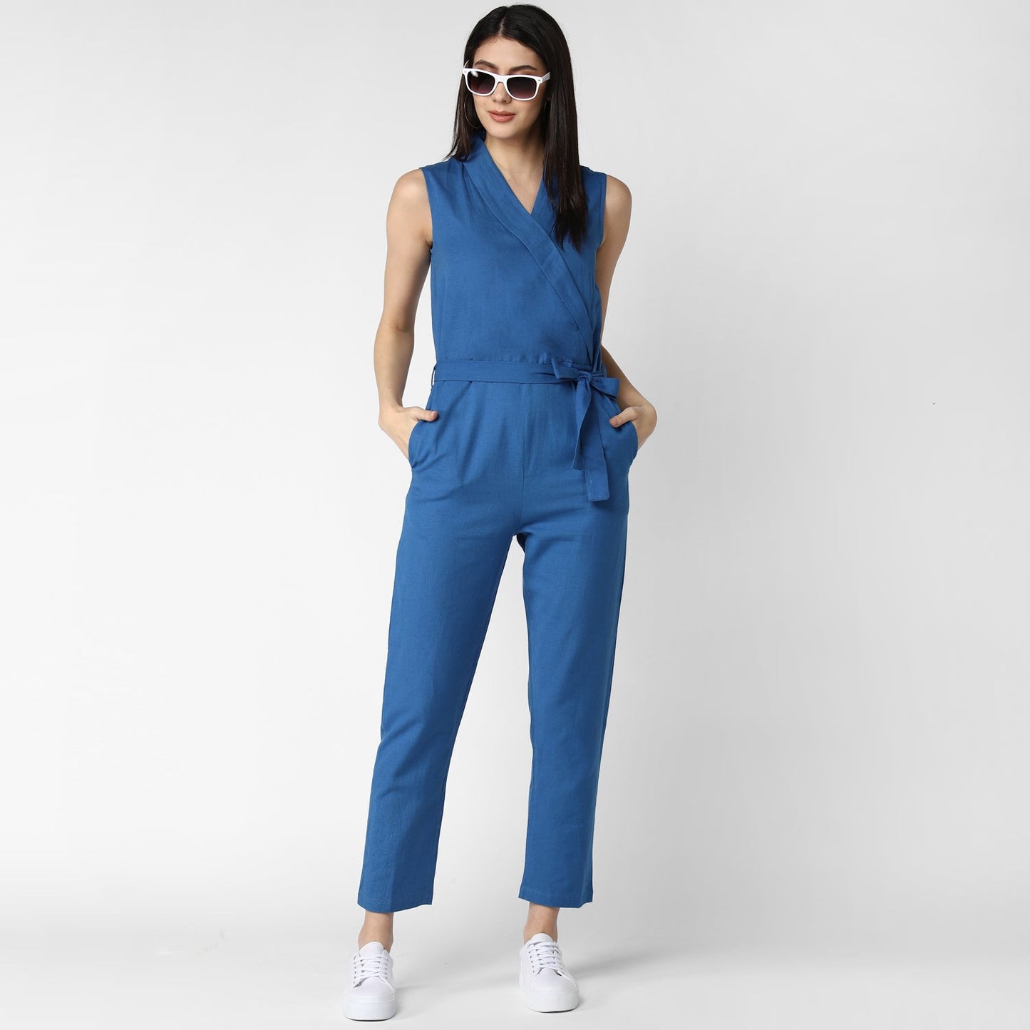 Women's Cotton Linen Blue Jumpsuit
