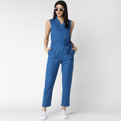 Women's Cotton Linen Blue Jumpsuit