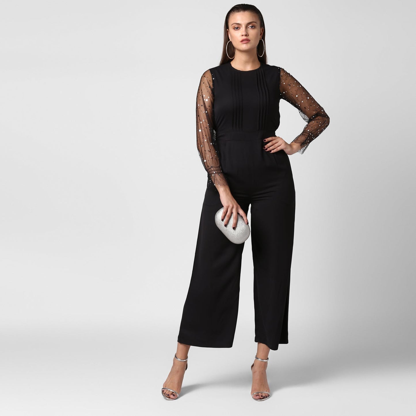 Women's Polyester embellished Net Sleeves jumpsuit