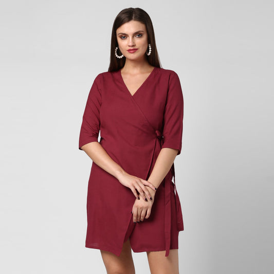 Women's Maroon Cotton Linen Wrap Dress