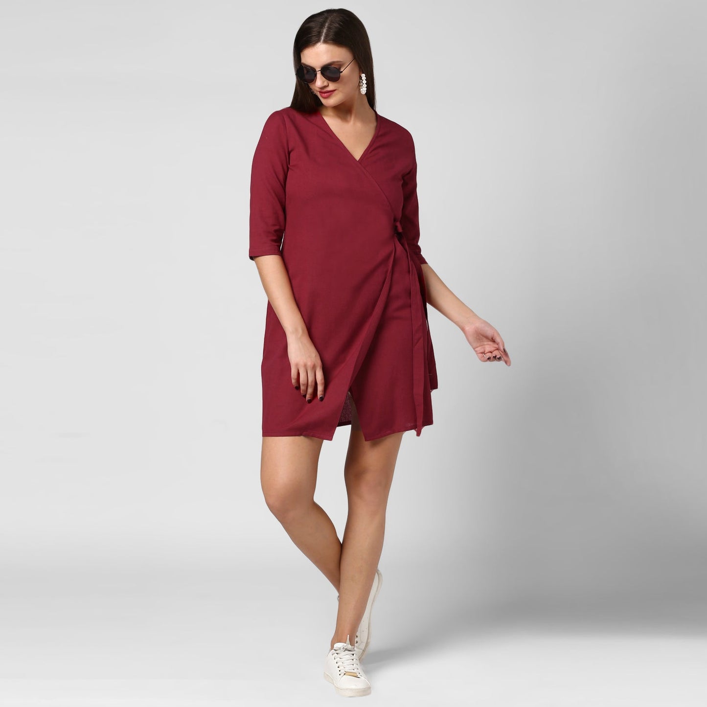 Women's Maroon Cotton Linen Wrap Dress