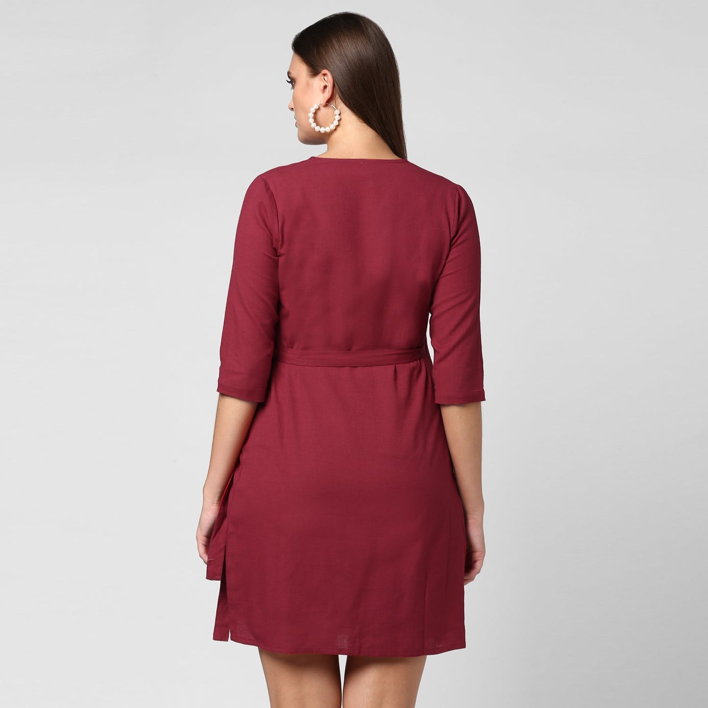 Women's Maroon Cotton Linen Wrap Dress