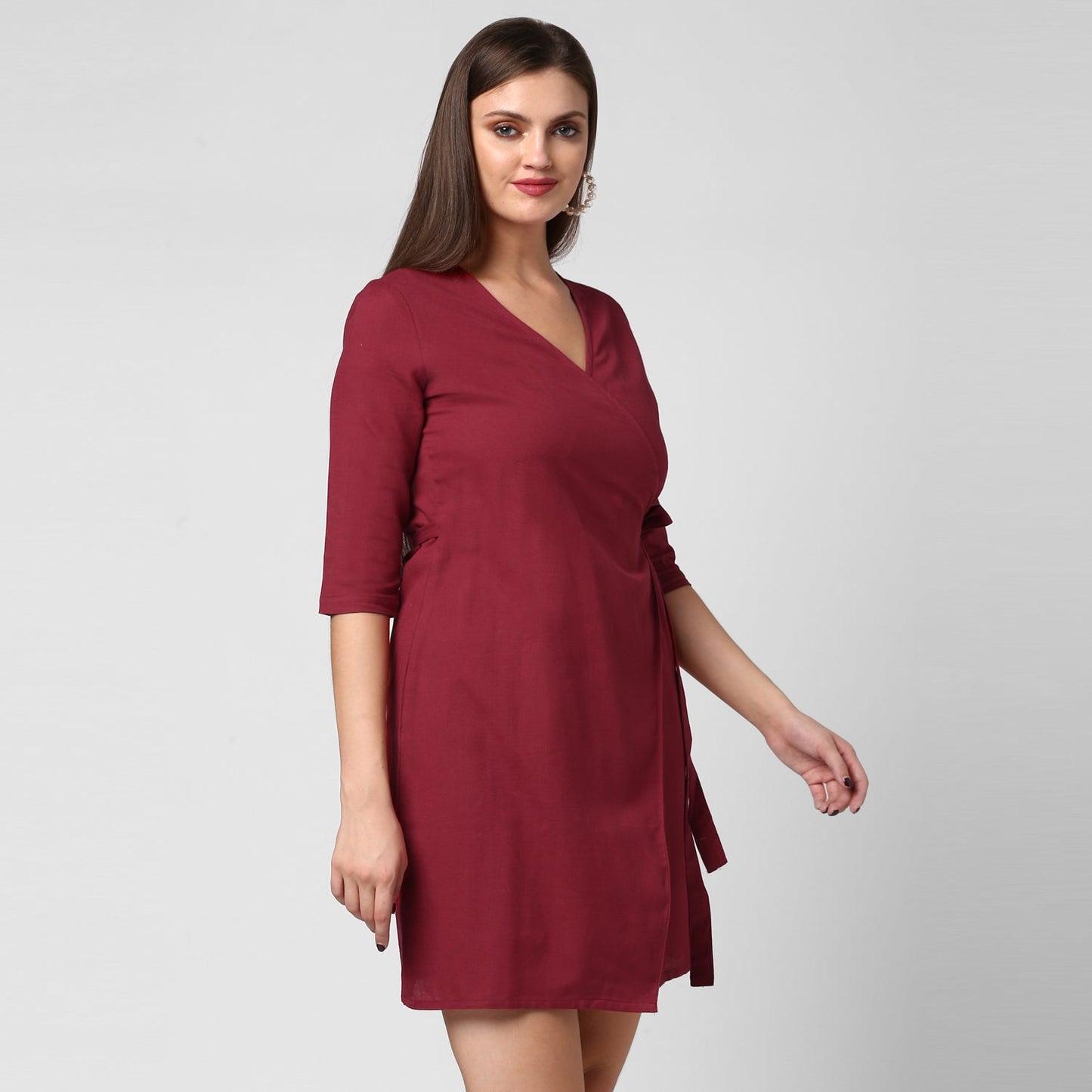 Women's Maroon Cotton Linen Wrap Dress