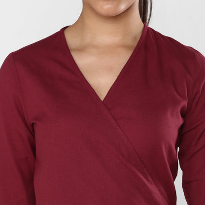 Women's Maroon Cotton Linen Wrap Dress