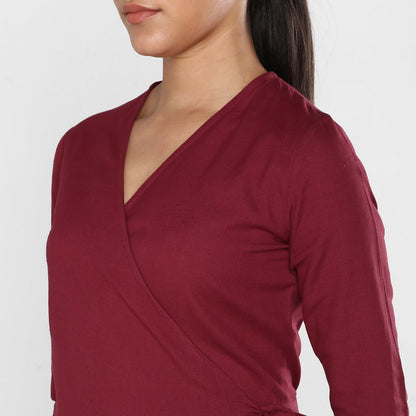 Women's Maroon Cotton Linen Wrap Dress
