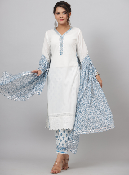 Women's White Cotton Cambric Solid Kurta Floral Printed Pant & Dupatta Set