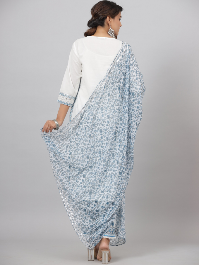 Women's White Cotton Cambric Solid Kurta Floral Printed Pant & Dupatta Set