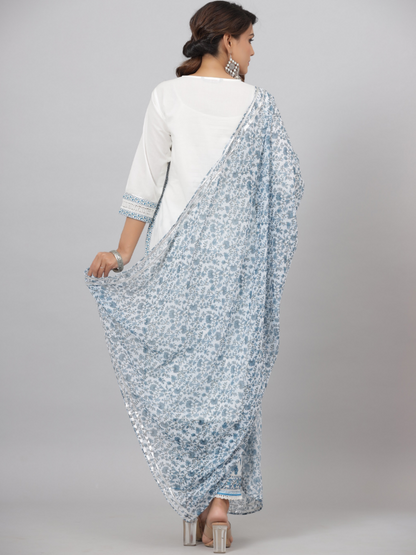 Women's White Cotton Cambric Solid Kurta Floral Printed Pant & Dupatta Set