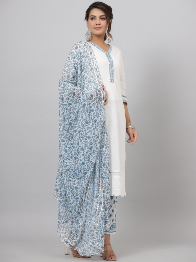 Women's White Cotton Cambric Solid Kurta Floral Printed Pant & Dupatta Set
