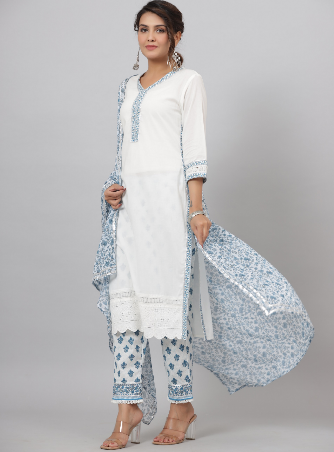 Women's White Cotton Cambric Solid Kurta Floral Printed Pant & Dupatta Set