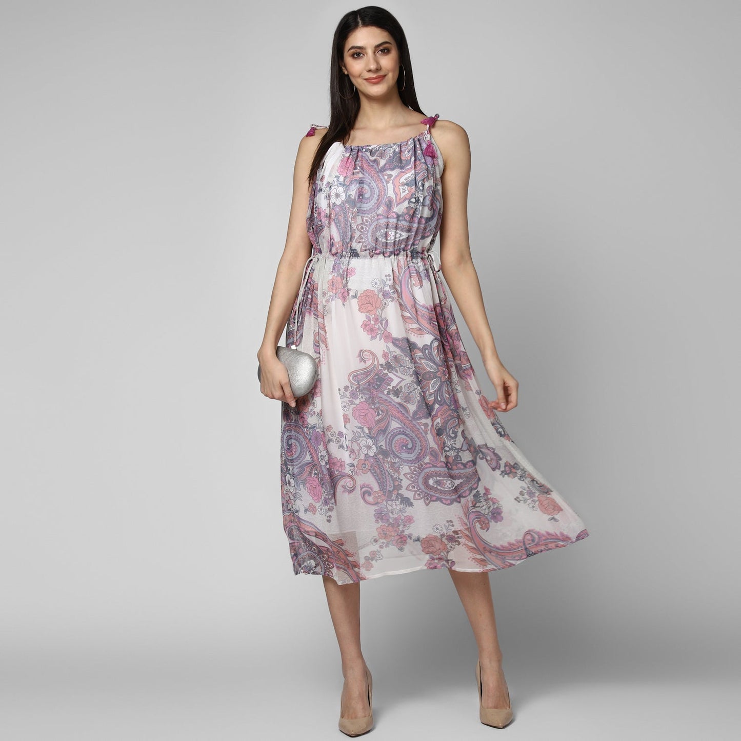 Women's Pink and Lavender Chiffon Tieup Dress