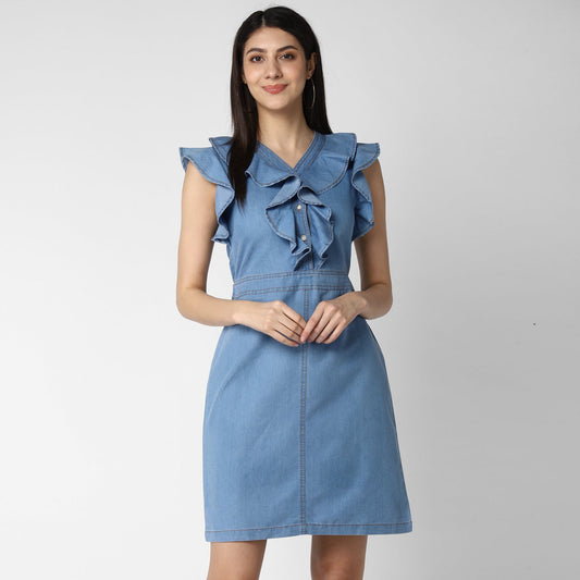 Women's Denim Dress with Ruffles
