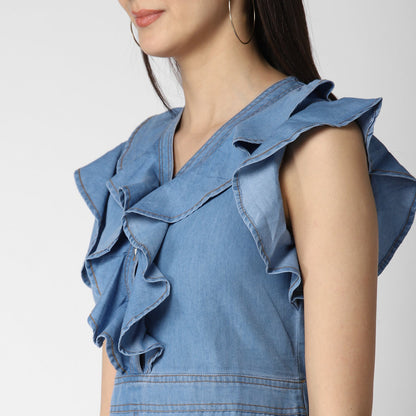 Women's Denim Dress with Ruffles
