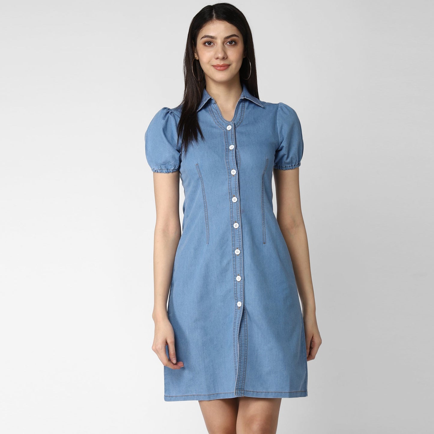 Women's Denim Dress with Puff Sleeves