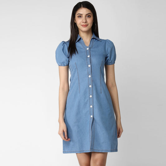 Women's Denim Dress with Puff Sleeves
