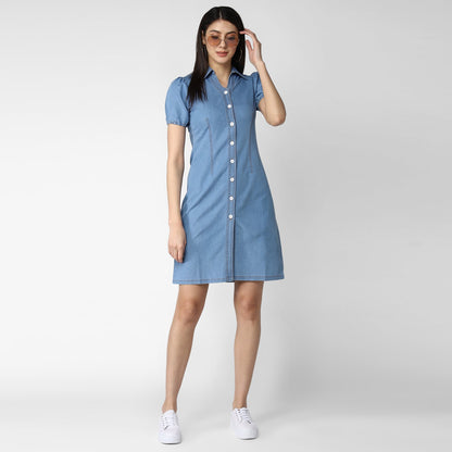 Women's Denim Dress with Puff Sleeves