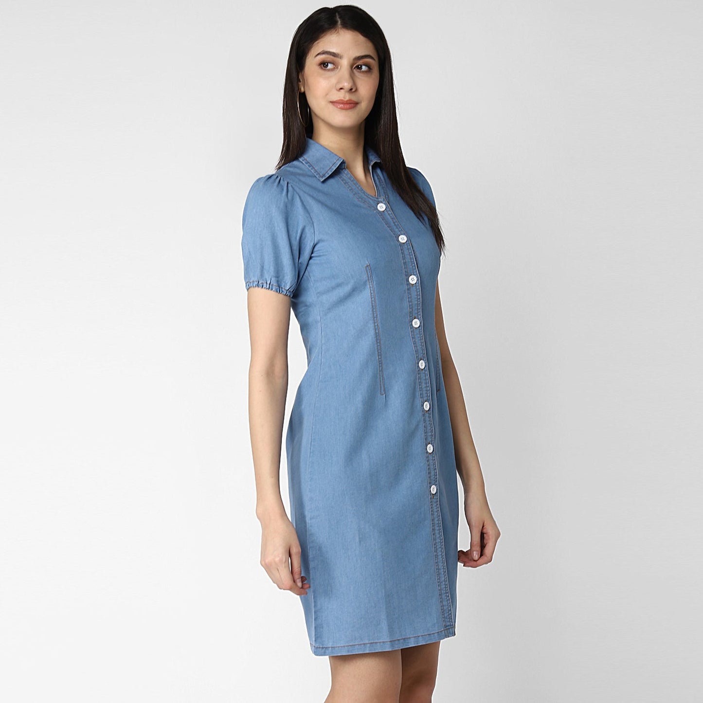 Women's Denim Dress with Puff Sleeves