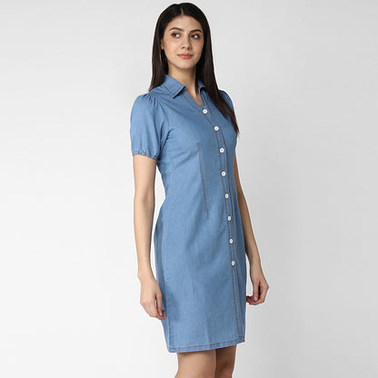 Women's Denim Dress with Puff Sleeves