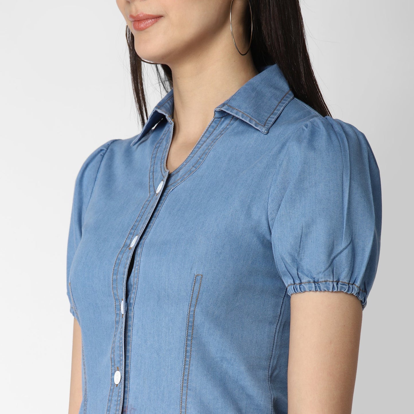 Women's Denim Dress with Puff Sleeves
