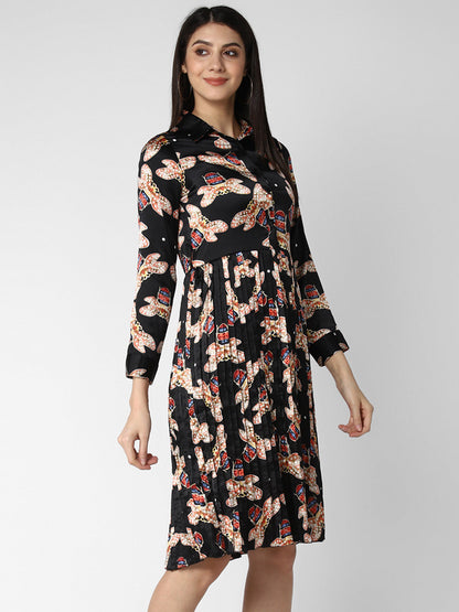 Women's Black Satin Pleated Dress