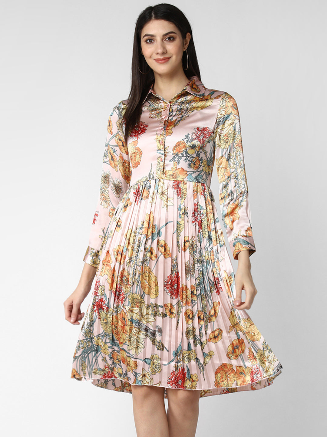 Women's Peach Satin Pleated Dress