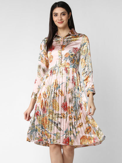Women's Peach Satin Pleated Dress